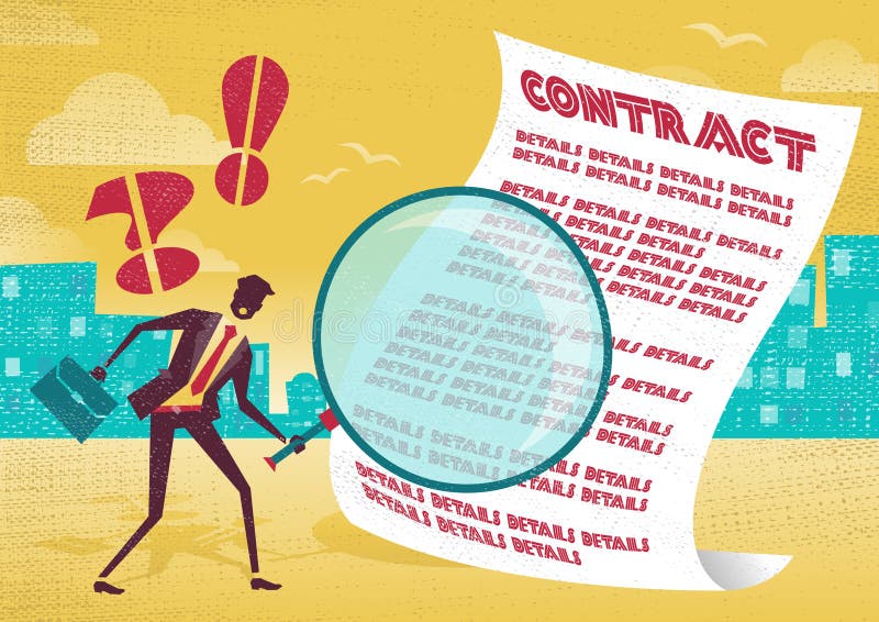 Businessman uses magnifying glass to check contract. royalty free illustration Businessman uses magnifying glass to check contract. royalty free illustration