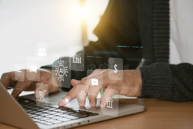 A businessman uses online customer data exchange and analysis with a chat bot. Artificial intelligence and CRM software technology stock photo