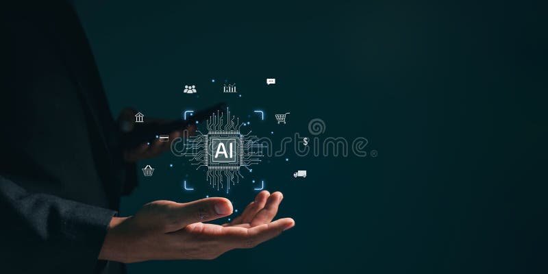 A businessman uses online customer data exchange and analysis with a chat bot. Artificial intelligence and CRM software technology royalty free stock image