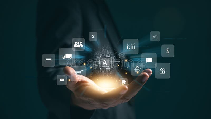A businessman uses online customer data exchange and analysis with a chat bot. Artificial intelligence and CRM software technology stock photo