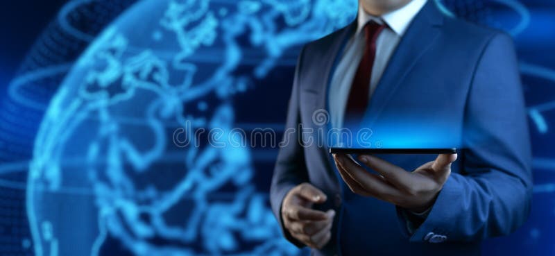 Businessman uses a smartphone. Internet technology and business concept. Empty space. Template for text stock illustration