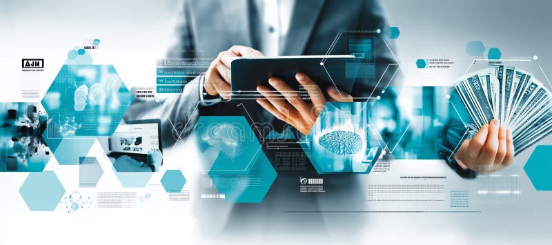 Businessman uses tablet with AI digital data and finance elements around him vector illustration