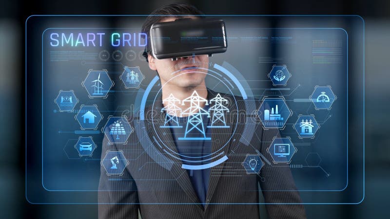 Businessman Wearing Virtual Reality Headset Analyzing Smart Grid Data and Digital Innovations for Energy Management in royalty free illustration