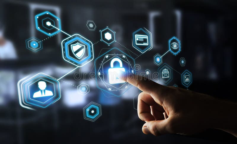 Businessman using antivirus to block a cyber attack 3D rendering stock illustration Businessman using antivirus to block a cyber attack 3D rendering stock illustration