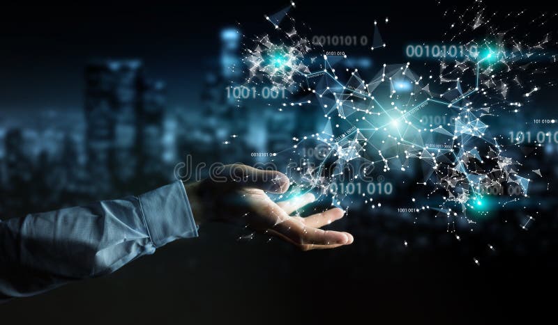 Businessman using digital binary code connection network 3D rend vector illustration Businessman using digital binary code connection network 3D rend vector illustration
