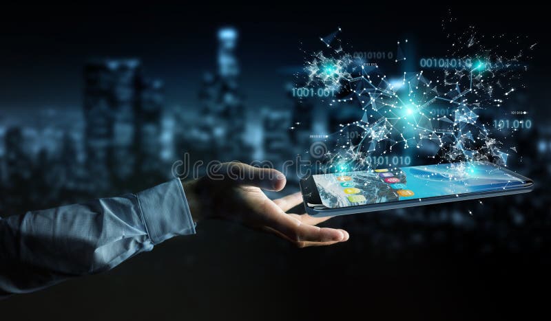 Businessman using digital binary code on mobile phone 3D rendering vector illustration Businessman using digital binary code on mobile phone 3D rendering vector illustration