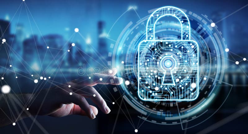 Businessman using digital padlock to secure his datas 3D rendering stock illustration
