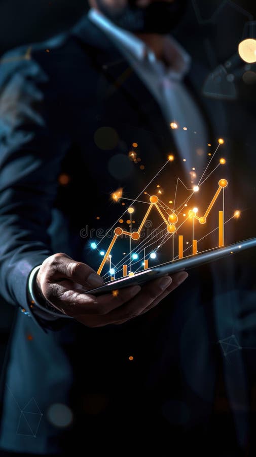 Businessman using a digital tablet displaying a 3d graph chart Generative AI