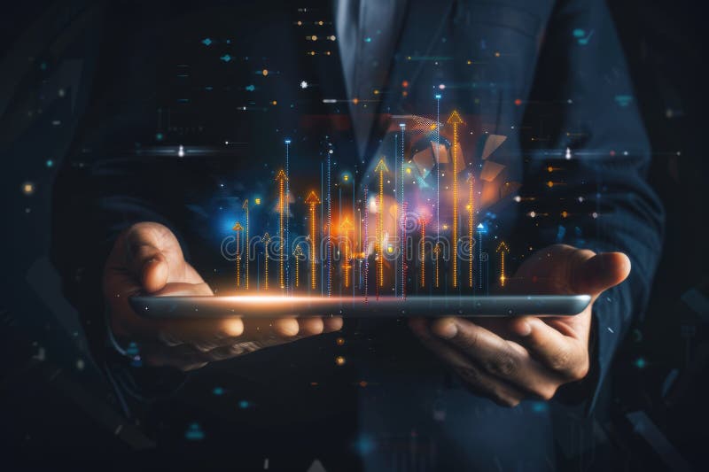 Businessman using a digital tablet displaying a 3d graph illustration stock illustration