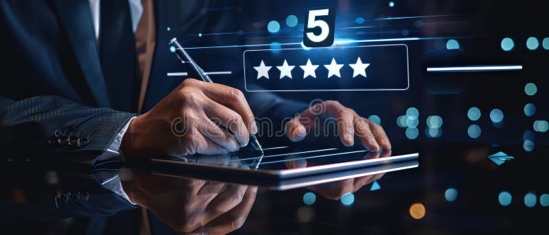 Businessman using digital tablet with holographic five star rating and customer feedback system stock image