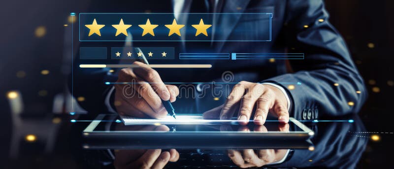 Businessman using digital tablet with holographic five star rating and customer feedback system stock photos