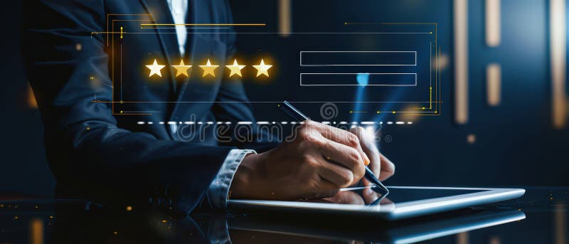Businessman using digital tablet with holographic five star rating and customer feedback system stock images