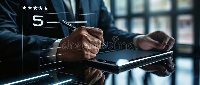 Businessman using digital tablet with holographic five star rating and customer feedback system royalty free stock photo