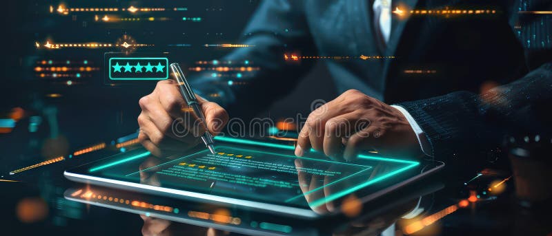Businessman using digital tablet with holographic five star rating and customer feedback system royalty free stock photo
