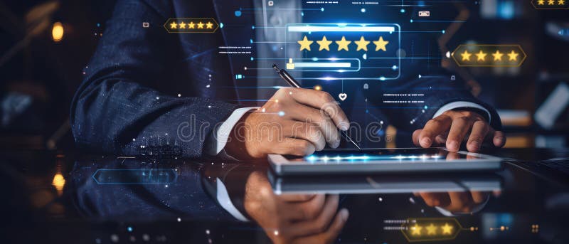 Businessman using digital tablet with holographic five star rating and customer feedback system royalty free stock photography
