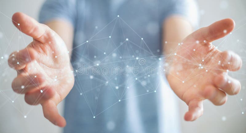 Businessman using floating digital network connections with dots and lines 3D rendering stock photography Businessman using floating digital network connections with dots and lines 3D rendering stock photography