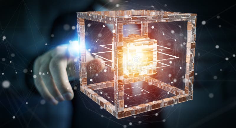 Businessman using futuristic cube textured object 3D rendering royalty free illustration Businessman using futuristic cube textured object 3D rendering royalty free illustration