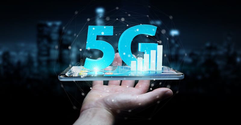Businessman using 5G network with mobile phone 3D rendering royalty free illustration Businessman using 5G network with mobile phone 3D rendering royalty free illustration