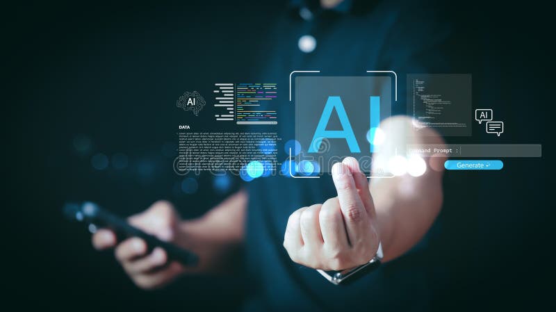 Businessman using generative ai technology with code and command prompt future digital brain interface for software development royalty-free illustration