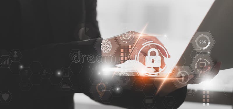 Businessman using laptop computer to work with futuristic icon and padlock, concept electronic data With the artificial intelligence technology modern system through an online network cyber security. Shield artificial intelligence stock images, royalty-free photos and pictures