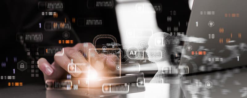 Businessman using laptop computer to work with futuristic icon and padlock, concept electronic data With the artificial intelligence technology modern system through an online network cyber security. Shield artificial intelligence stock images, royalty-free photos and pictures