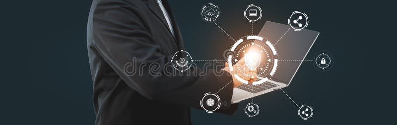 Businessman using laptop computer to work with futuristic icon and padlock, concept electronic data With the artificial intelligence technology modern system through an online network cyber security. Shield artificial intelligence stock images, royalty-free photos and pictures