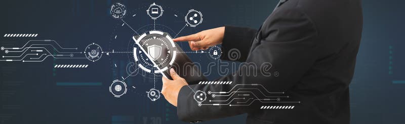 Businessman using laptop computer to work with futuristic icon and padlock, concept electronic data With the artificial intelligence technology modern system through an online network cyber security. Shield artificial intelligence stock images, royalty-free photos and pictures
