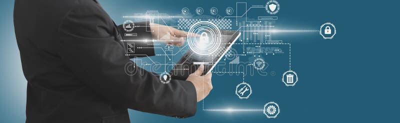 Businessman using laptop computer to work with futuristic icon and padlock, concept electronic data With the artificial intelligence technology modern system through an online network cyber security. Shield artificial intelligence stock images, royalty-free photos and pictures