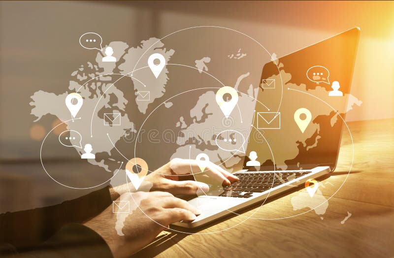 Businessman using laptop with network royalty free stock images Businessman using laptop with network royalty free stock images