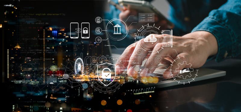 Businessman using laptop, protecting his privacy and employing cybersecurity Internet security, secure encryption technology, user stock photography