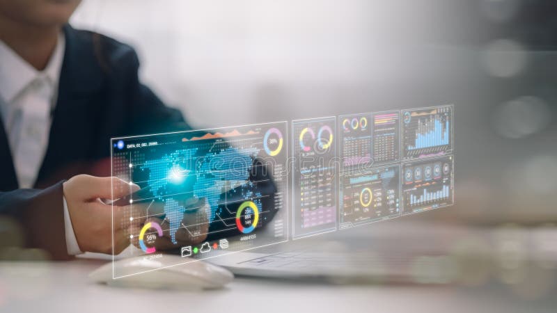 A businessman using a laptop and tablet to analyze business data through a data management system with KPIs, and indicators royalty free illustration