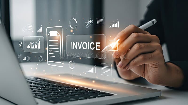 A businessman is shown interacting with a laptop, highlighting a digital invoice interface and various financial data visualizations, representing modern business and accounting processes. Accounting processes illustrations