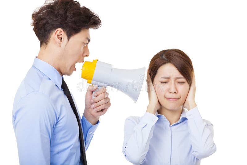 Business men using megaphone to scream at business woman