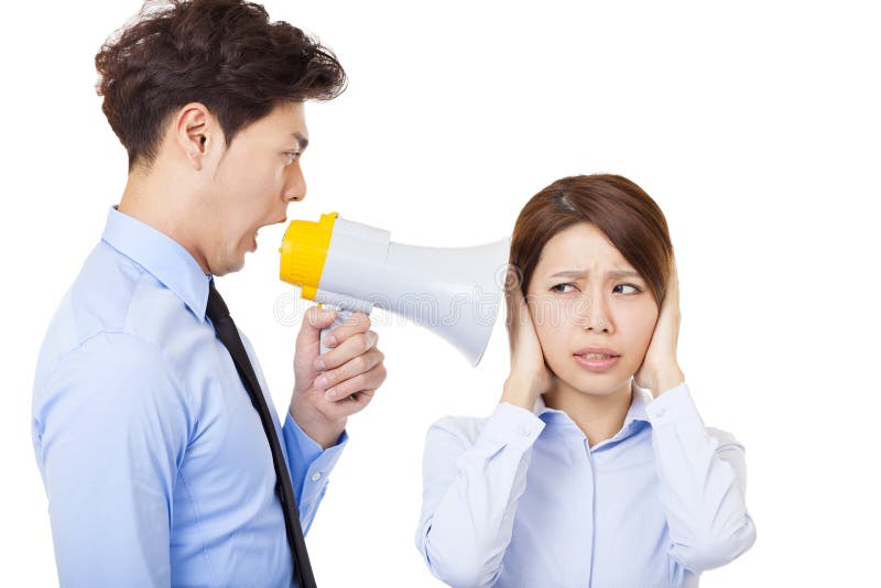 Business men using megaphone to scream at business woman