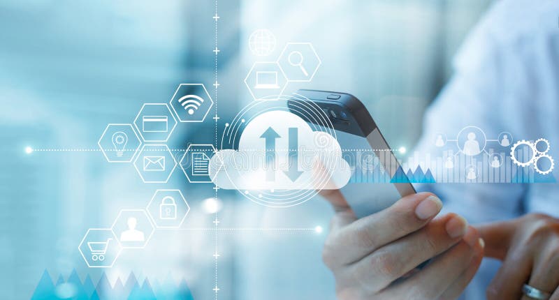 Businessman using mobile smartphone and connecting cloud computing service stock images
