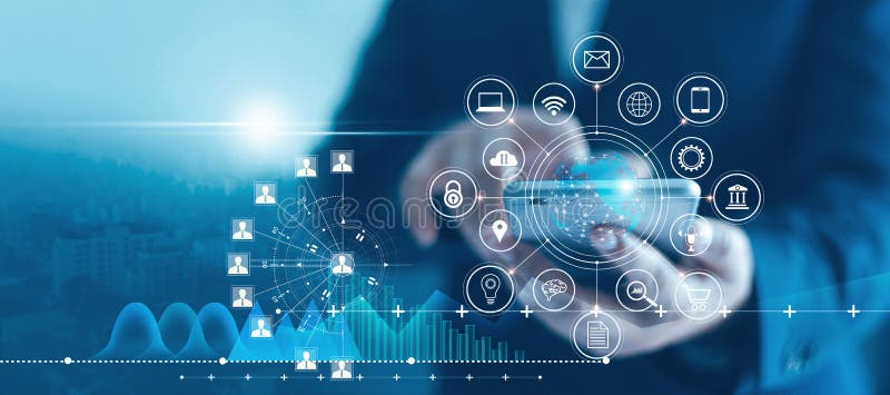 Businessman using mobile smartphone and icon network connection data with growth graph customer, digital marketing, banking stock photography