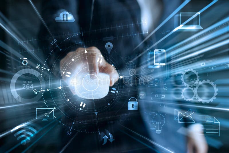 Businessman using mouse for global network data stock image