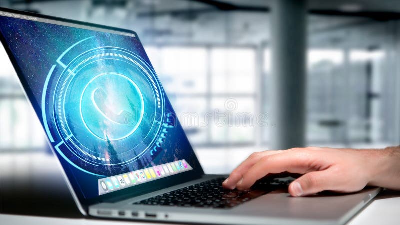 Businessman using a Shinny technologic phone button on his laptop - 3d render royalty free stock photo Businessman using a Shinny technologic phone button on his laptop - 3d render royalty free stock photo