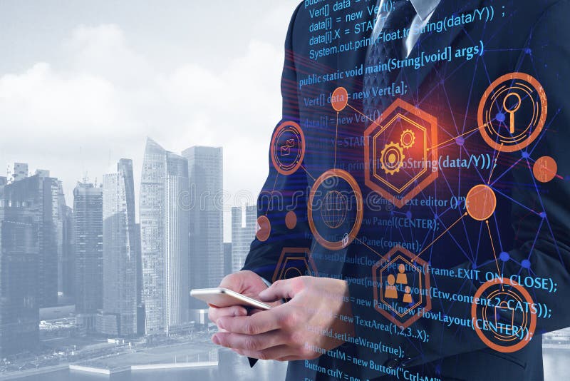 Businessman using smartphone on abstract city background with HTML code. Computing and programming concept. Double exposure. Source code script stock images, royalty-free photos and pictures