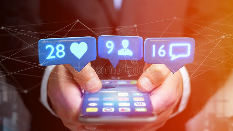 Businessman using a smartphone with a Like, Follower and message notification on social network - 3d render stock photography Businessman using a smartphone with a Like, Follower and message notification on social network - 3d render stock photography