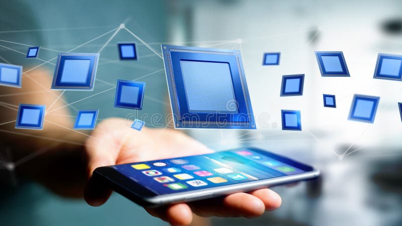 Businessman using a smartphone with a Processor chip and network stock photos
