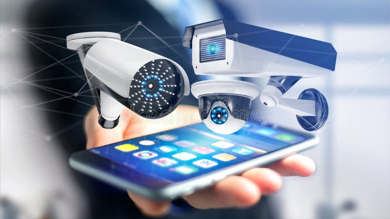 Businessman using a smartphone with a Security camera system and royalty free stock images