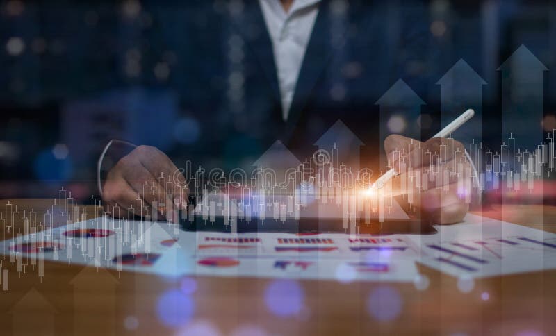 Businessman using the tablet. Data analytics report and key performance indicators on information dashboard for Business strategy, Stock market indicator and financial investment.