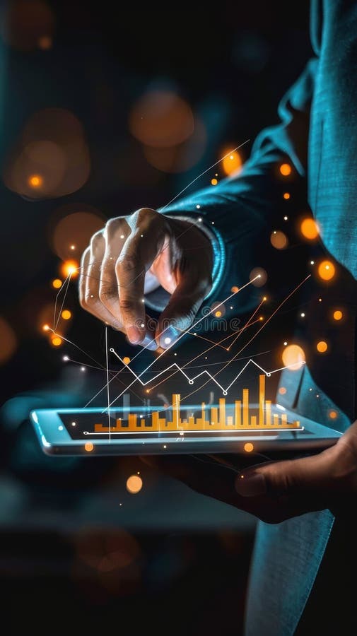 Businessman using a tablet displaying a 3d graph visualization stock illustration