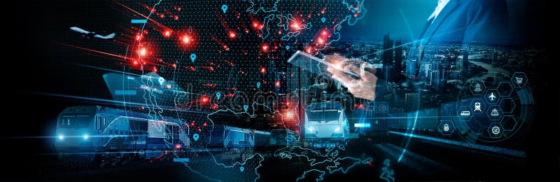 Businessman using tablet on global logistic network distribution and smart transportation and networking intelligent logistics of stock photo