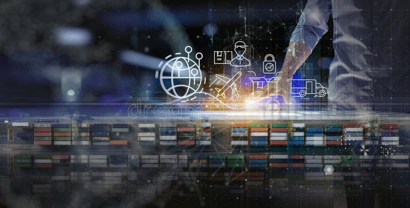 Businessman using tablet on logistic network distribution and smart transportation and networking intelligent logistics of truck stock photo