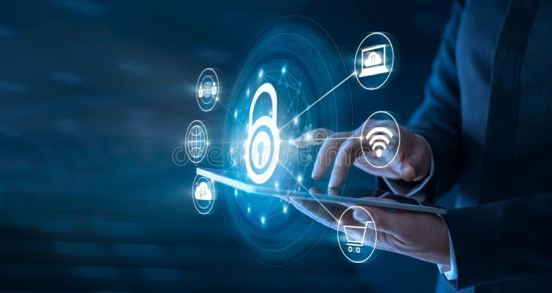 Businessman using tablet set up network connection with shield guard to protected from cyber attacks. Network security system concept