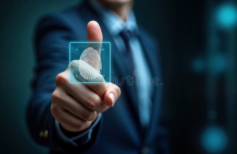 Businessman using virtual fingerprint scanner for biometric access authentication. Person verifies identity with thumbprint scan. stock illustration