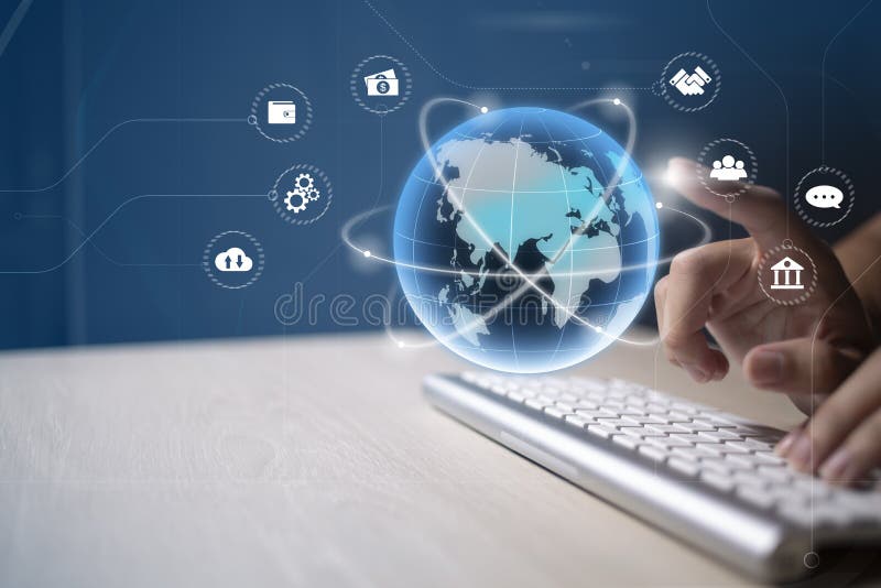 Businessman using virtual touch screen to online transactions with internet technology, concept of global data connection by internet technology, big data