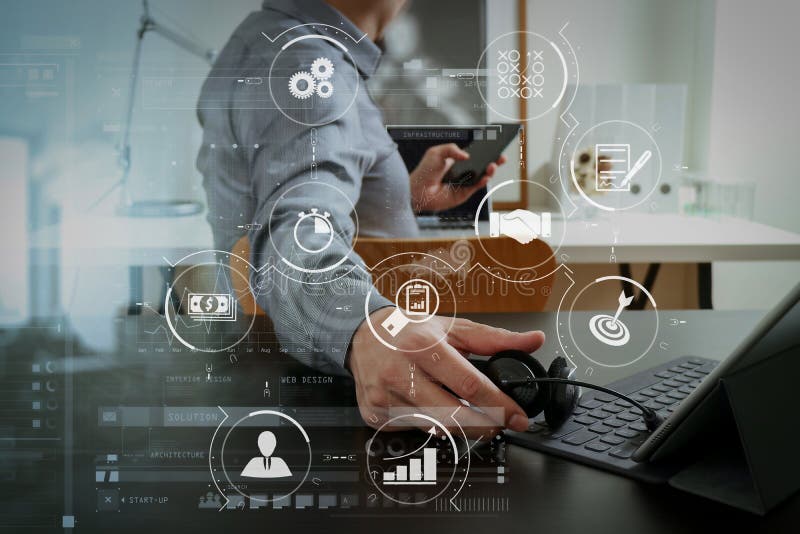Businessman using VOIP headset with digital tablet computer and vector illustration